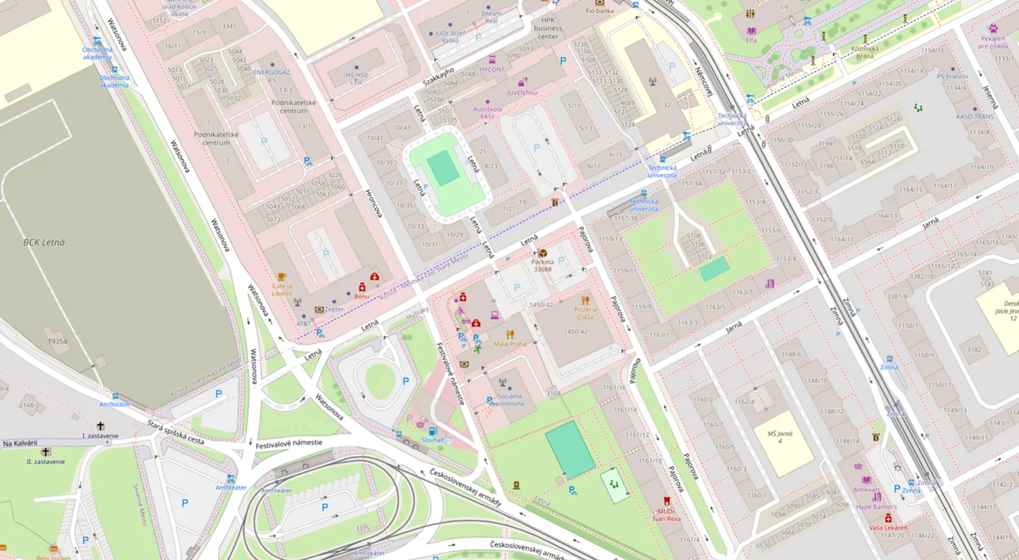 Map of the area around Letná Street in Košice